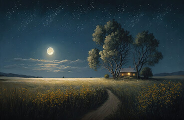 Naklejka na ściany i meble a beautiful summer night, under a starry sky and a distant moon. On the ground are yellow and green fields of grass, art illustration 