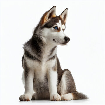 Cute nice dog breed husky, dog whith blue eyes isolated on white close-up, beautiful pet	 