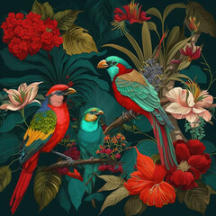 Fototapeta premium Forêt tropicale de Bali avec plusieurs oiseaux et fleurs colorés, plantes. Idéal pour les affiches, les papiers peints.