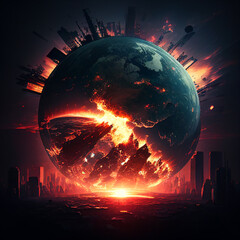 IMAGEN DESCRIPTIVA DEL CHOQUE Y DESTRUCCION DE DOS PLANETAS, CHOQUE DE LA TIERRA Y OTRO PLANETA. ILUSTRACION GENERADA CON IA