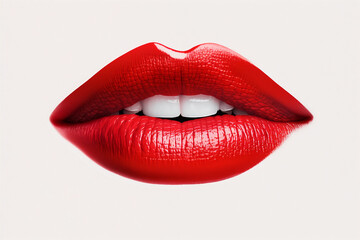 Female red lips on white background. generative AI - obrazy, fototapety, plakaty