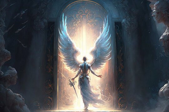 Door to Heaven, guarded by an Angel. generative AI