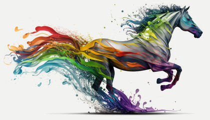 Generative AI horse shape Rainbow splash wave strong colors