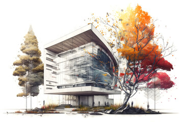 Entwurf eines fiktiven Gebäudes, Konzeptzeichnung Architektur, Skizze, generative KI