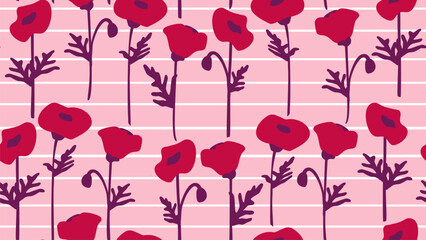cute hand drawn magenta poppy flowers on striped white and pink background abstract seamless vector pattern illustration