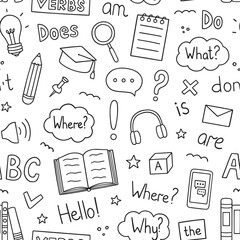 Seamless pattern of learning English doodle. Language school in sketch style. Online language education course. Hand drawn vector illustration