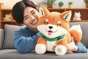 Happy Asian teenage boy with black hair and dark eyes hugging Shiba Inu dog pillow plush, AI Generative
