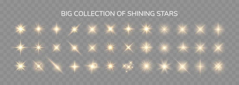 Set of Shine glowing stars. Vector Golden Sparks isolated.