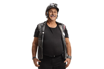 Smiling mature biker with a leather vest