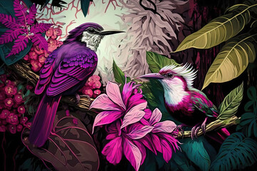 Forêt tropicale de Bali avec plusieurs oiseaux et fleurs colorés, plantes. Idéal pour les affiches, les papiers peints.