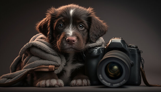 Cucciolo di cane e macchina fotografica