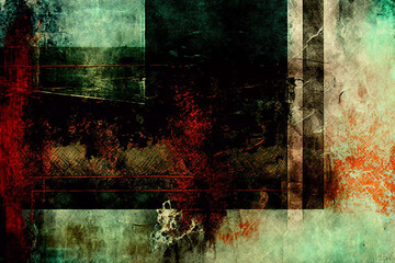 Rough red and green abstract painted and rollered surface, distressed and scratched textured background, generative AI illustration