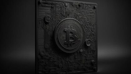 Matte Black Bitcoin 3D Coin and Blockchain Images on Matte Black Background with Crypto and Digital Currency. Three Dimensional Bitcoins and Bitcoin Blocks with Depth. High Quality Digital Renders. 