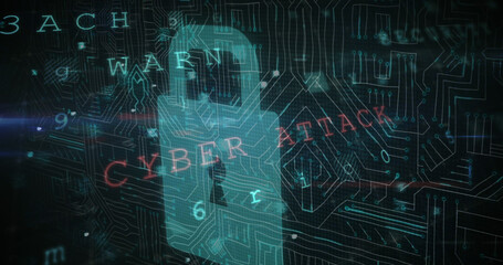 Cyber security data processing against security padlock icon and microprocessor connections