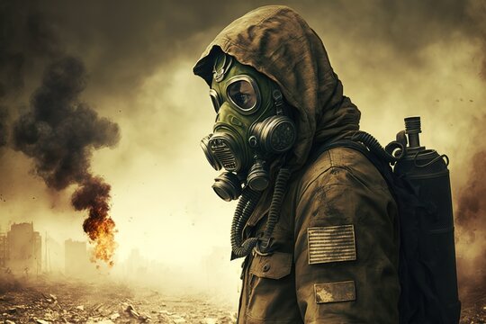 Man in gas mask post-apocalypse world. Digital illustration
