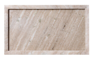 Empty beige rectangular marble plate on a white isolated background, top view