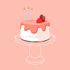 Cartoon birthday cake cupcake with strawberry and candles stand for celebration design. Colorful cartoon vector illustration. Sweet holiday food. - 570429432