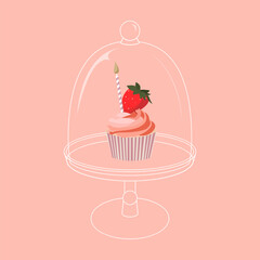 Cartoon birthday pink cupcake with strawberry and candle on white empty stand for celebration design. Colorful cartoon vector illustration. Sweet holiday food.