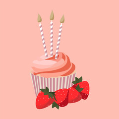 Cartoon birthday pink cupcake muffin with strawberry and candle for celebration design. Colorful cartoon vector illustration. Sweet holiday food. - 570429452