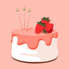 Cartoon birthday pink and white cake with icing, strawberry and candles stand for celebration design. Colorful cartoon vector illustration. Sweet holiday food. - 570429454