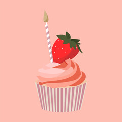Cartoon birthday pink cupcake with strawberry and candle for celebration design. Colorful cartoon vector illustration. Sweet holiday food.