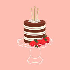 Cartoon birthday chocolate cake with strawberry and candles on stand for celebration design. Colorful cartoon vector illustration. Sweet holiday food. - 570429466