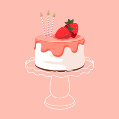 Cartoon birthday cake with pink icing, strawberry and candles stand for celebration design. Colorful cartoon vector illustration. Sweet holiday food.