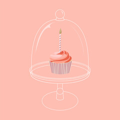 Cartoon birthday pink cupcake with candle on stand for celebration design. Colorful cartoon vector illustration. Sweet holiday food. - 570429481
