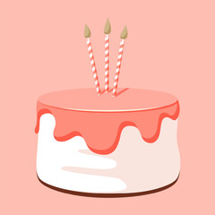 Cartoon birthday cake cupcake with pink icing and candles stand for celebration design. Colorful cartoon vector illustration. Sweet holiday food. - 570429487