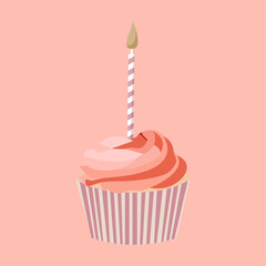 Cartoon birthday pink cupcake with candle for celebration design. Colorful cartoon vector illustration. Sweet holiday food. - 570429489