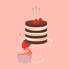 Cartoon birthday cake cupcake with strawberry and candles stand for celebration design. Colorful cartoon vector illustration. Sweet holiday food. - 570429494