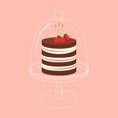 Cartoon birthday cake cupcake with strawberry and candles stand for celebration design. Colorful cartoon vector illustration. Sweet holiday food. - 570429496