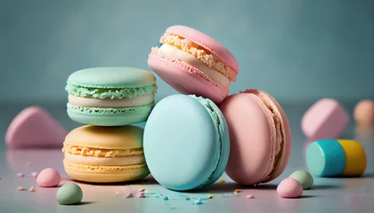 Keuken spatwand met foto Pastel color macarons on the table, sweet dessert, Delicious bakery. Generative AI © BussarinK