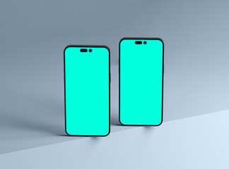 Two smartphones 14 pro max mockup for App and Website UI branding. 2 Phones in front and back side. 3D render