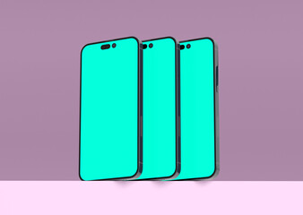 Three smartphones 14 pro max mockup for App and Website UI branding. 2 Phones in front and back side. 3D render