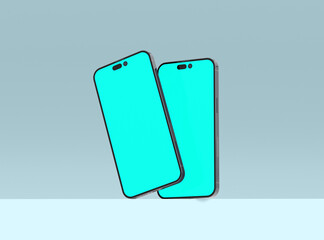 Two smartphones 14 pro max mockup for App and Website UI branding. 2 Phones in front and back side. 3D render