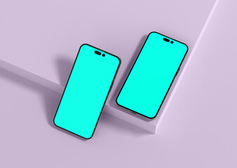 Two smartphones 14 pro max mockup for App and Website UI branding. 3D render