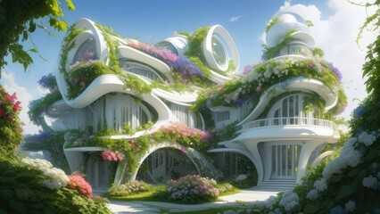 Fototapeta premium Futuristic eco-buildings with beautiful hanging gardens on the facades.