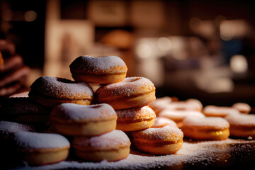 Delicious pile of donuts, sweet dessert background, glazed donuts, icing donuts, tasty bakery pastry. Generative AI