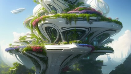 Futuristic eco-buildings with beautiful hanging gardens on the facades.