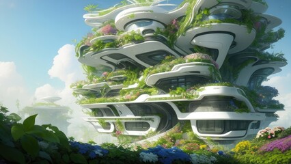 Futuristic eco-buildings with beautiful hanging gardens on the facades.