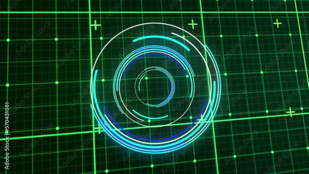 Poster animation of lines moving in illuminated circles over grid pattern against abstract background