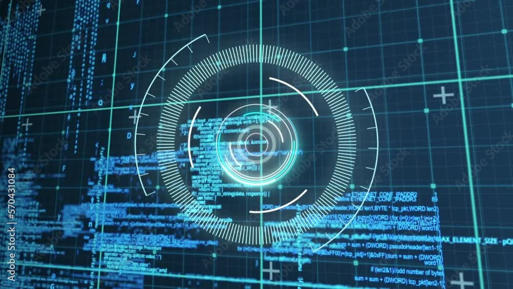 Poster animation of illuminated circles over grid pattern against computer language in background