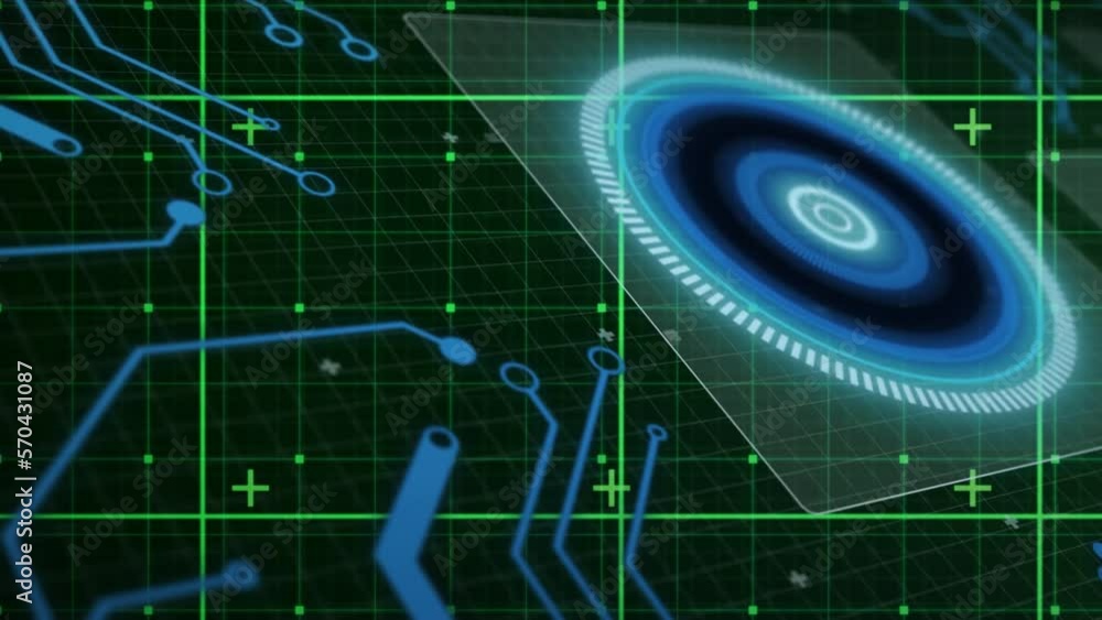 Poster animation of illuminated circles in square over circuit board pattern against abstract background