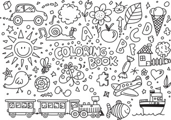 Kids coloring book, hand drawn vector doodles 
