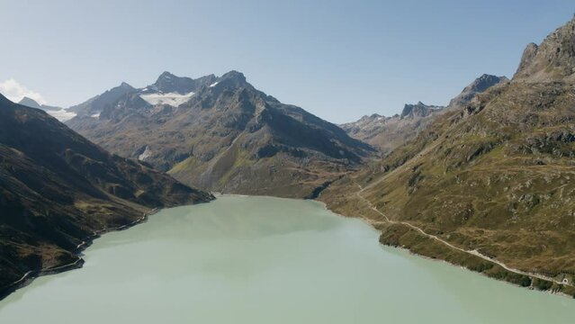 Aerial view of the Silvretta Stausee, a water reservoir in Austria.