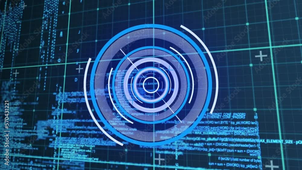 Poster animation of moving line in circles over grid pattern against computer language in background