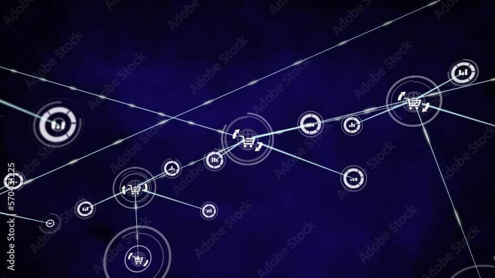 Poster Animation of graphs and shopping carts icons connected with lines against blue background