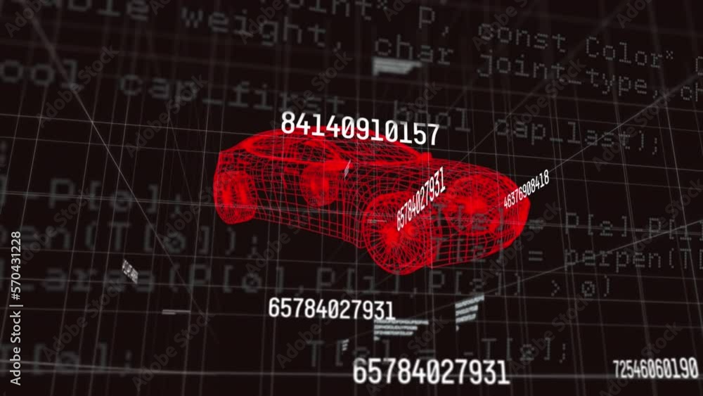 Poster animation of multiple changing numbers over 3d car model against data processing on black background