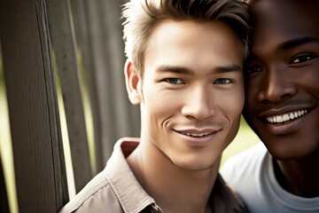 Attractive biracial gay couple smiling, generative Ai